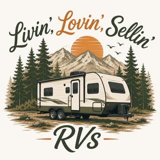 RV dealership logo with travel trailer, forest, and mountains, featuring Livin Lovin Sellin RVs text