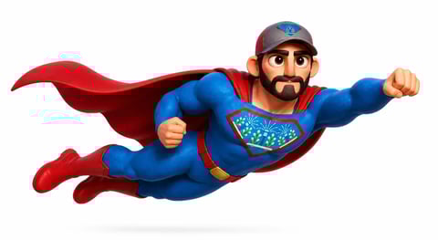 Animated man in blue superhero costume with red cape flying horizontally with fist extended