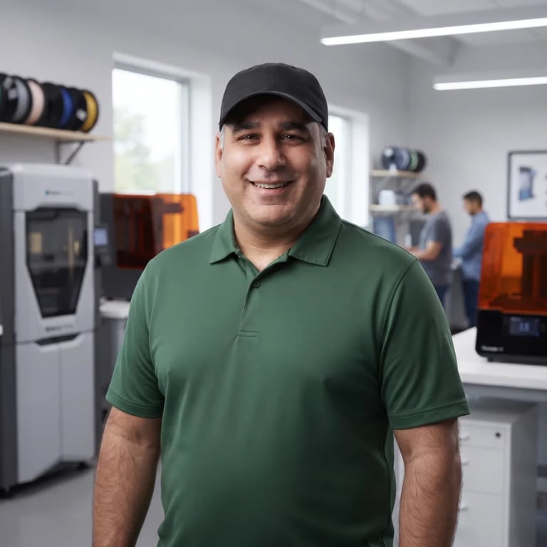 Man in green polo shirt and black cap smiling in a modern tech lab with 3D printers and equipment