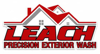 Leach Precision Exterior Wash logo featuring a red and white house roof with cleaning spray elements