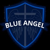 Blue Angel logo featuring a shield with wings and cross symbol on dark background