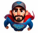 3D cartoon character with beard wearing blue and red superhero outfit with decorative chest emblem and matching cap