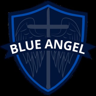 Blue Angel logo: shield with wings, cross, and banner containing white text on dark blue background