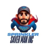 Cartoon character in red and blue superhero outfit wearing a cap with Sprinkler Saver Man Inc logo and text below
