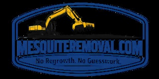 Mesquite Removal logo featuring yellow excavator equipment with blue border and tagline No Regrowth No Guesswork