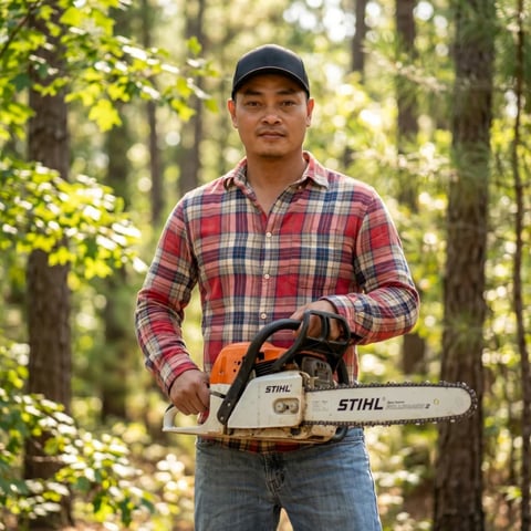 Man holding a STIHL chainsaw in a forest wearing a plaid shirt and baseball cap