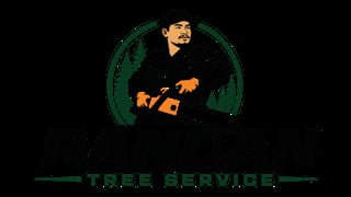 Tree Service logo featuring a man in dark clothing holding an axe with green curved design elements and text