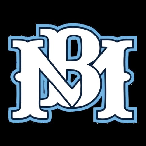 Blue and white outlined logo with intertwined R and M letters in a decorative monogram design