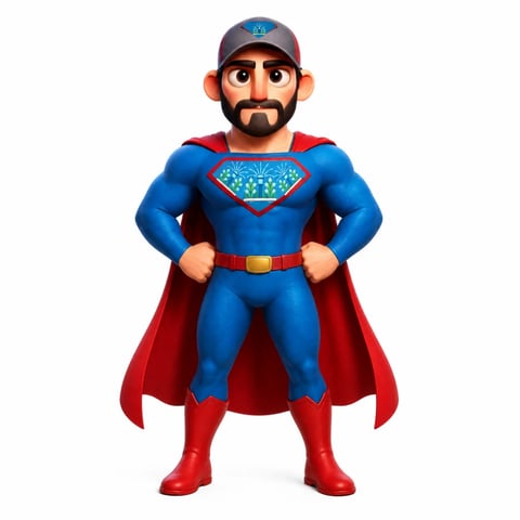 Cartoon superhero character with beard wearing blue suit, red cape, and cap, standing in heroic pose